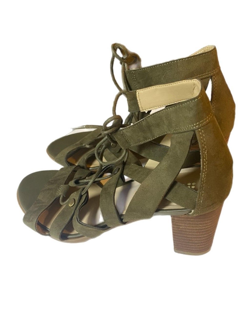 Naturalizer "London" Strappy Sandal Olive Green Sz 8.5M 2.75‎ in heel stacked